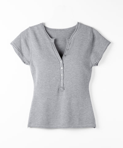 ヘンリーネック半袖ぴちニットトップス ／ henley neck short sleeve pichi knit tops