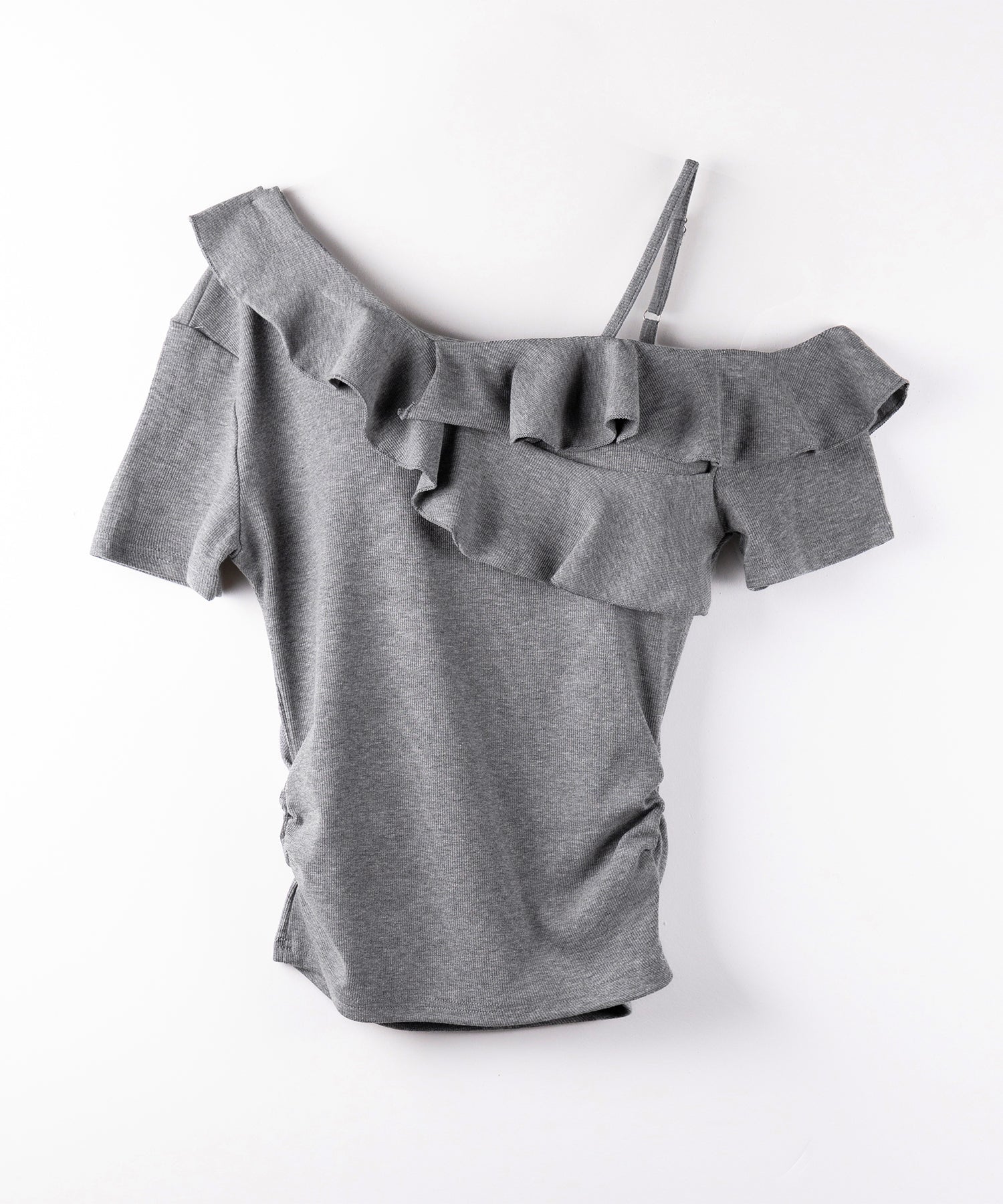 【 ３color 】ワンショルストラップフリルリブTシャツ ／ one shoulder strap frill ribbed T-shirt
