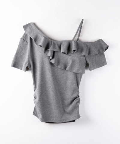 【 ３color 】ワンショルストラップフリルリブTシャツ ／ one shoulder strap frill ribbed T-shirt