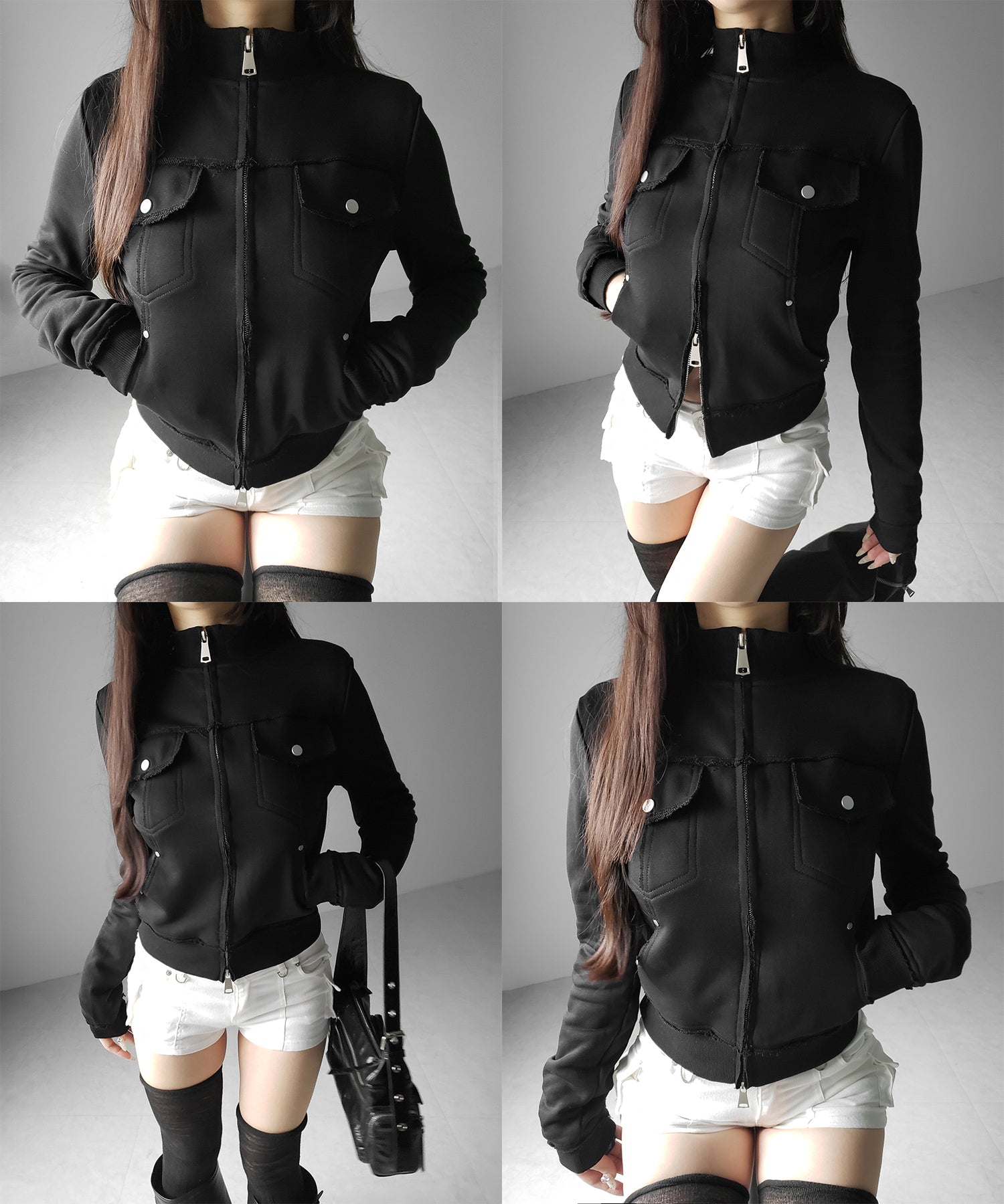 ダブルジップアウトポケット裏毛スリムジャケット ／ Double-zip outer pocket sweat slim jacket