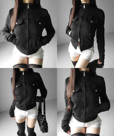 ダブルジップアウトポケット裏毛スリムジャケット ／ Double-zip outer pocket sweat slim jacket