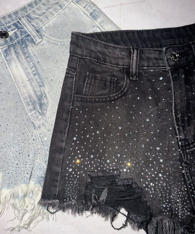 ラインストーンクラッシュダメージデニムショートパンツ／Rhinestone crash damage denim short pants