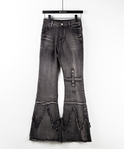 【 ２color ／ ４size 】クロスデザインヴィンテージライクフリンジストレッチフレアデニム ／ cross design vintage-like fringe stretch flare denim
