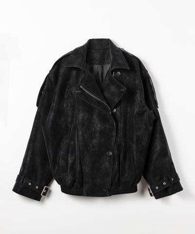 ヴィンテージフェイクレザーベルテッドジップアップオーバーブルゾン ／ Vintage fake leather belted zipup over blouson