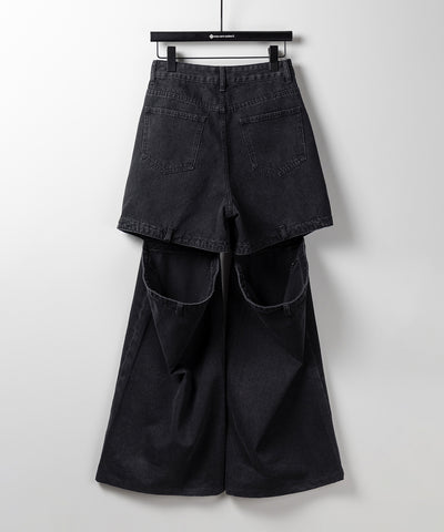 【 選べる３サイズ 】バックオープンカットアウトウォッシュワイドデニム ／ Back open cutout washed wide denim