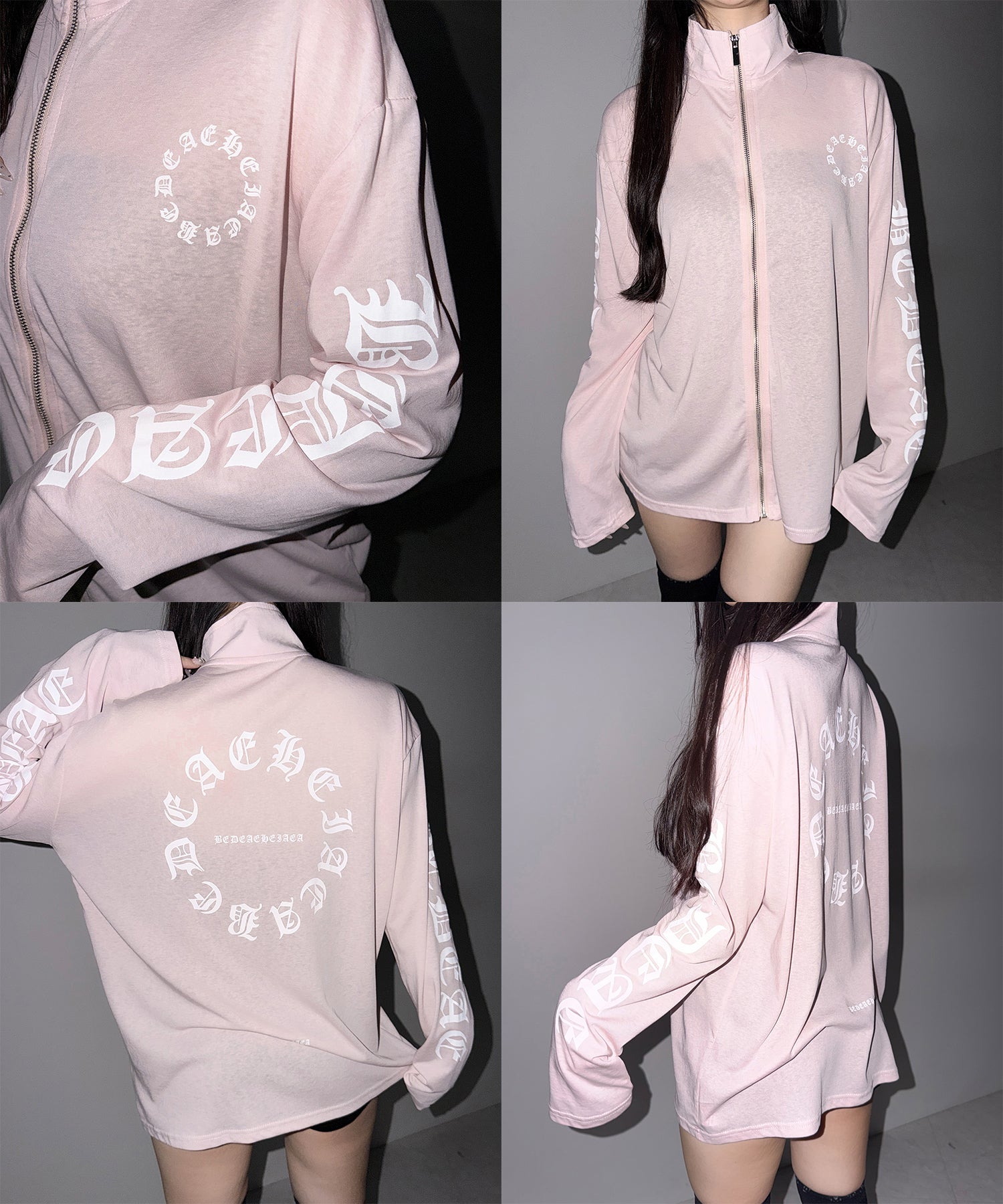 グランジロゴスタンドジップアップオーバーシアートップス ／ grunge logo stand zipup over sheer tops