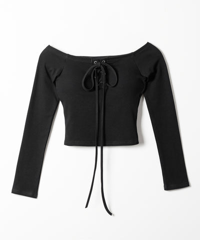 【 クロスネックにできる2WAY 】フロントレースアップオフショルショートトップス ／ 2WAY front laceup offShoulder short tops