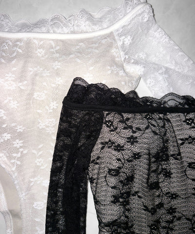 【 ２color 】フラワーレースレイヤードオフショルボディスーツトップス ／Flower lace layered off shoulder bodysuit tops