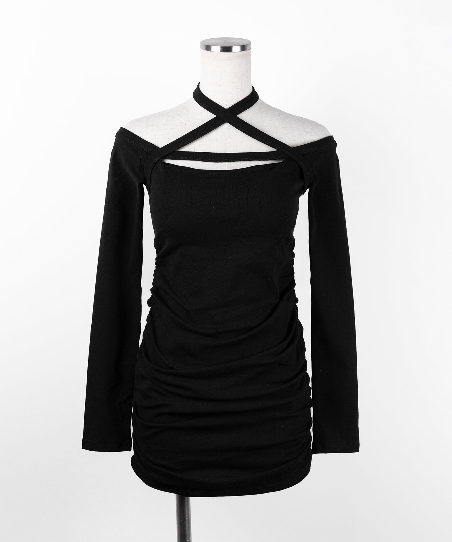 【 クロスネックにもできる３WAY 】フロントリボンオフショルワンホンタイトミニワンピース ／ front ribbon off shoulder wanghong mini onpiece