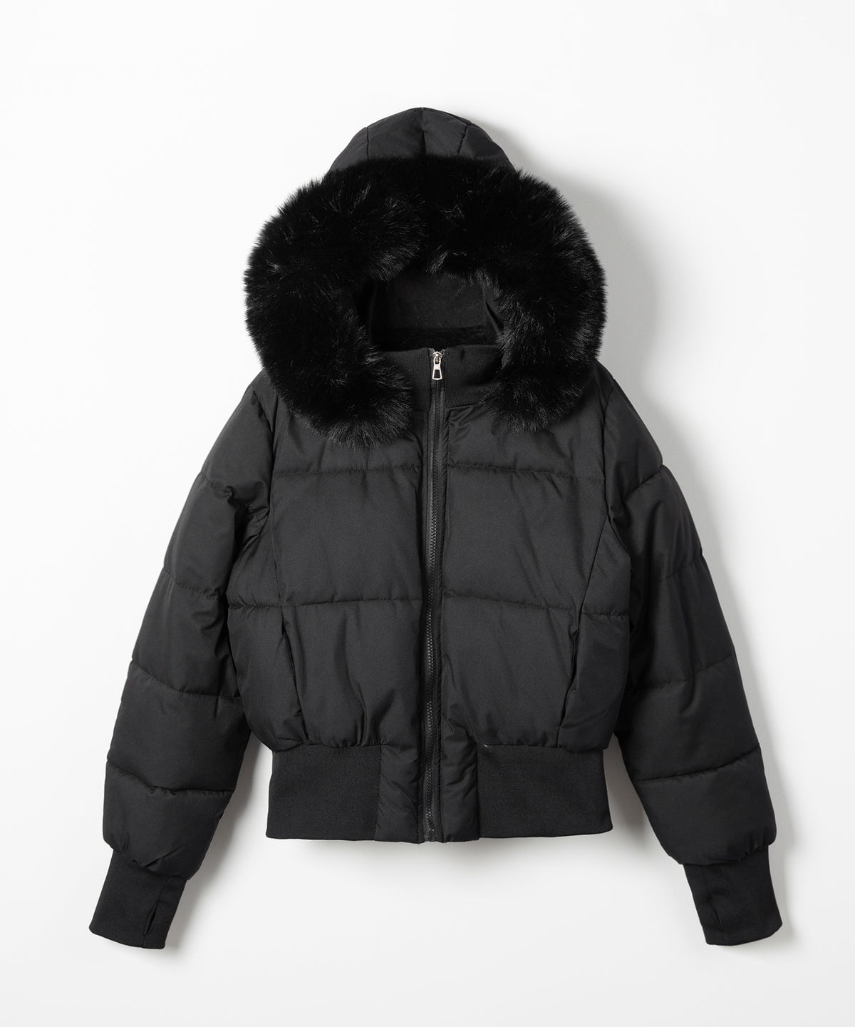 フェイクファーフード中綿ショートジャケット ／ fake fur hoodie fake down short jacket