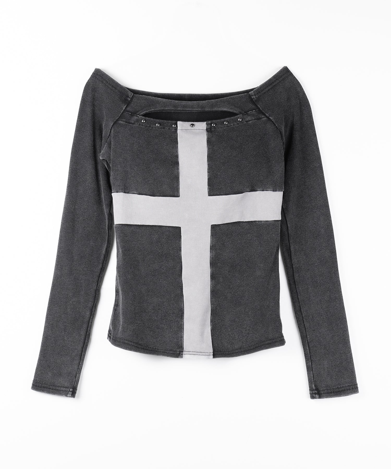 【限定先行販売】十字架ヴィンテージクロスオフショルスリムリブトップス ／ vintage cross cutout offshoulder slim lib tops