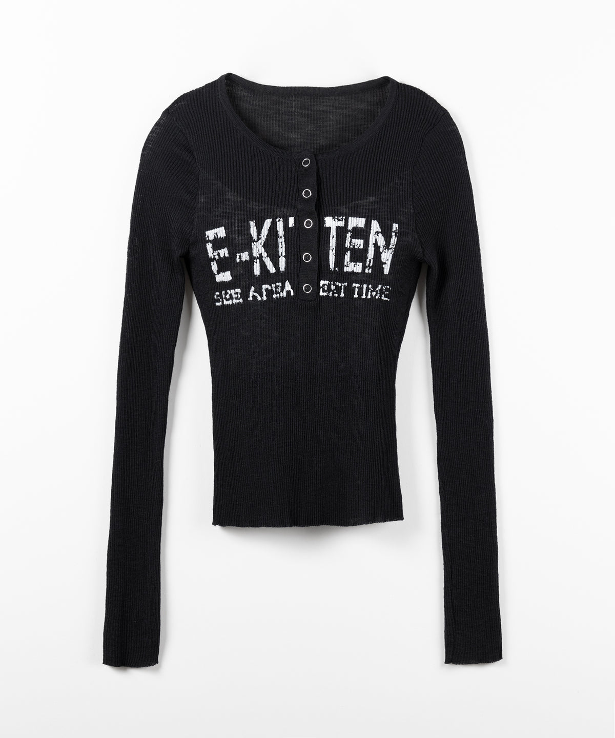 ヘンリーネックフェイクレイヤードロゴ長袖シアーニットトップス ／ henly neck fake layered logo longsleeve sheer rib knit tops