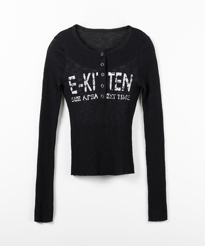 ヘンリーネックフェイクレイヤードロゴ長袖シアーニットトップス ／ henly neck fake layered logo longsleeve sheer rib knit tops