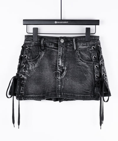 【 インパン裏地付き 】レースアップマイクロデニムミニスカパン ／ Lace-up micro denim mini skirt pants