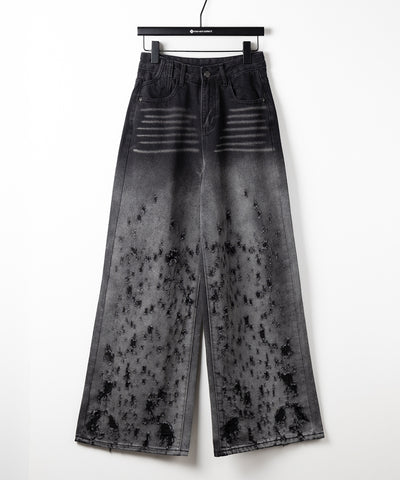 【 ２color ／ ４size 】グラデーションクラッシュダメージワイドデニムパンツ ／ gradation crash damage wide denim pants