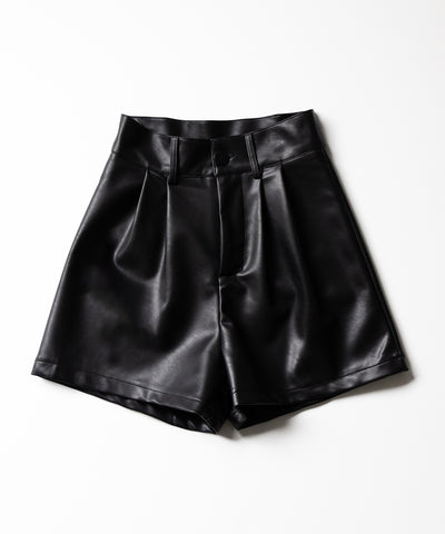 【 3color ／ ５size 】太ベルトハイウエストタックレザーショートパンツ