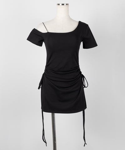 【 セットアップ 】ダブルシャーリングリボンワンショルミニワンピ＋ショートパンツ SET ／ 【 SETUP 】double shirring ribbon one-Shoulder mini onepiece + short pants SET