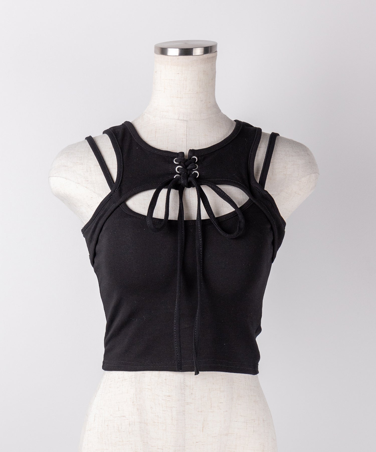 【 ２color 】レースアップリボンカットアウトリブショートタンク ／ laceup ribbon cutout rib short tank