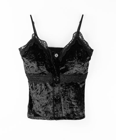 フロントボタンレースベロアショートキャミソール ／ front button lace velor short camisole