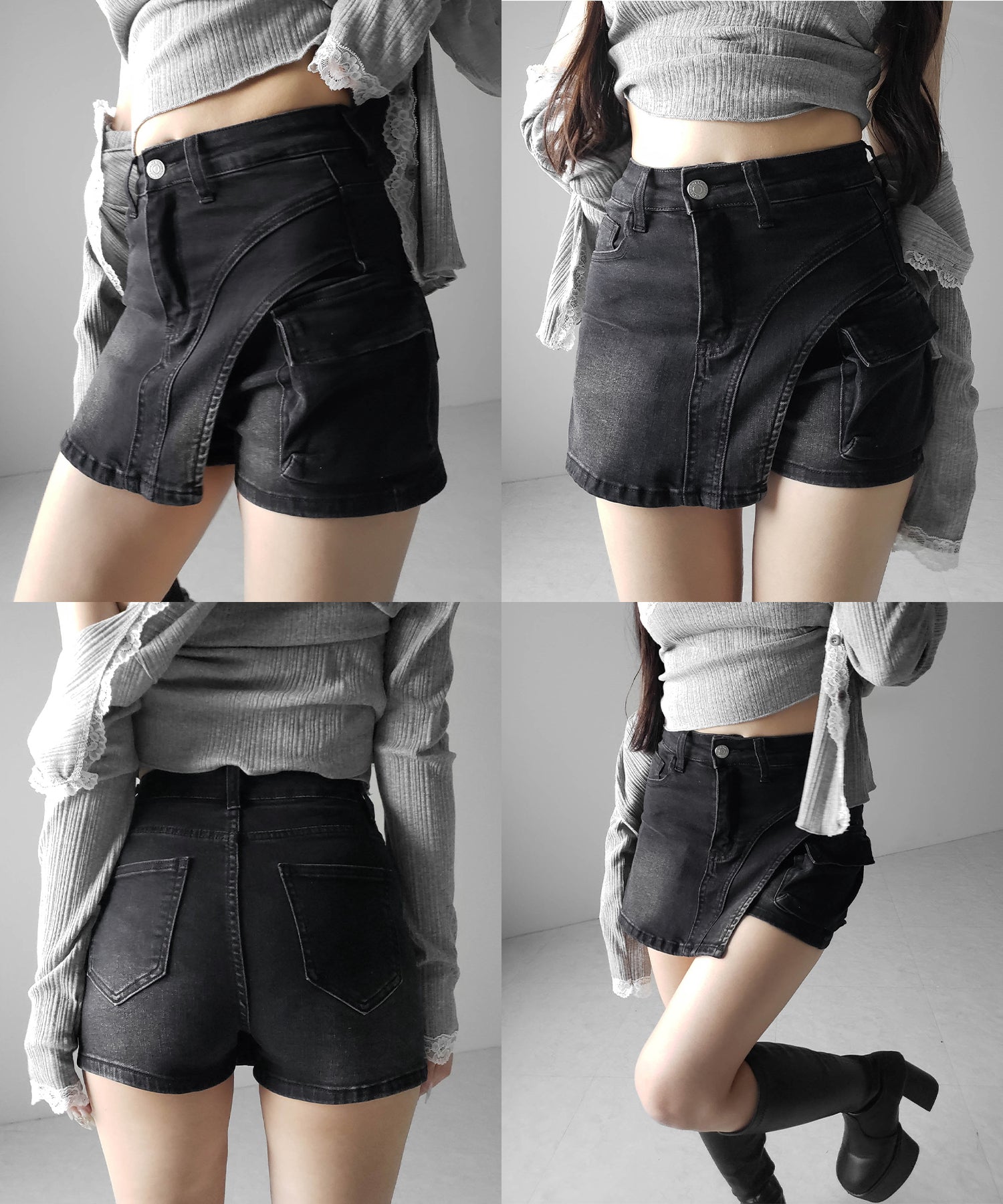カーゴポケットレイヤードデニムミニスカパン ／ cargo pocket layered denim mini skirt pants