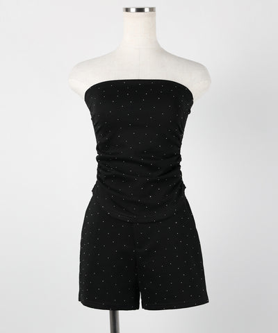 【 セットアップ 】ラインストーンベアトップ＋ハイウエストショートパンツ SET ／ 【 SETUP 】Rhinestone bare tops ＋ high waist short pants SET