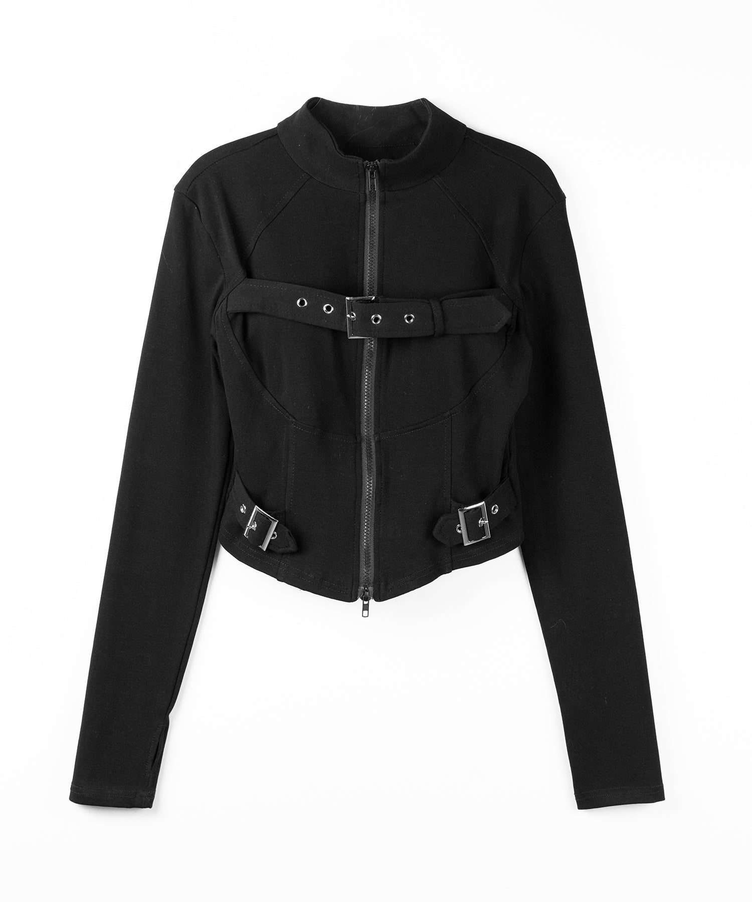 スタンドカラーベルテッドダブルジップスリムトップス ／ stand collar belted double zip slim tops