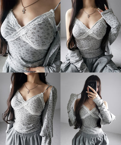 【 ２点セット 】小花柄レースキャミソール ＋ カーディガン SET ／ （ 2piece SET ）Floral lace camisole + cardigan SET