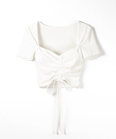 【クロスネックにできる2WAY 】フロントシャーリングリボン半袖ショートＴシャツ ／2WAY front shirring ribbon short sleeve short T-shirt
