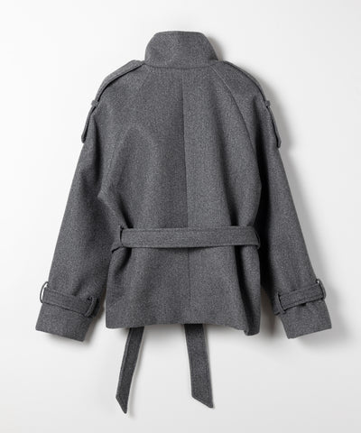 【 ウエストベルト付き 】スタンドネック ダブルブレスト ウールライクメルトンピーコート ／ Stand neck double-breasted wool-like melton pea coat