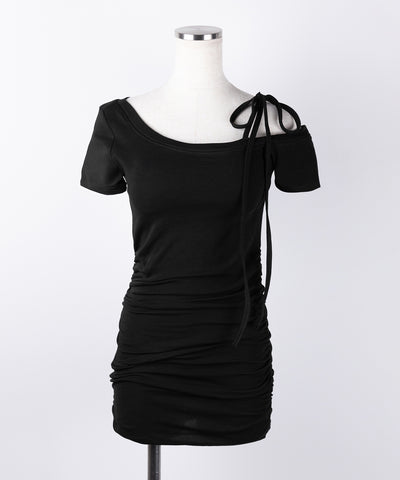 【 ２color ／ カップ付き 】ワンショルリボン半袖カットソーミニワンピ ／ one shoulder ribbon short sleeve cutsew mini onepiece