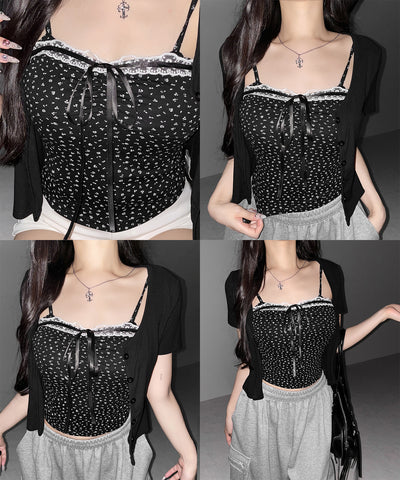 【 ２点セット 】小花柄レースリボンキャミソール ＋ カーディガンセット ／ mini flower lace ribbon camisole + cardigan SET
