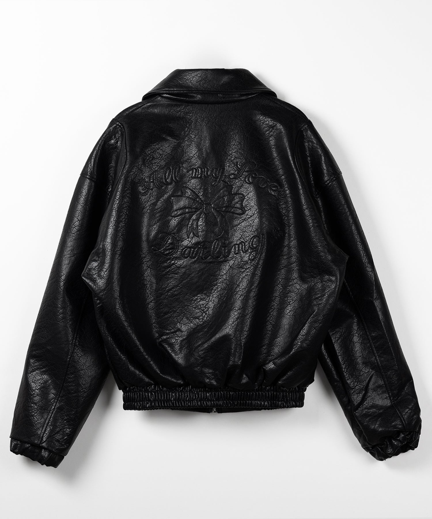 【 ２color 】バックリボン刺繍ヴィンテージライクフェイクレザーブルゾン ／ back ribbon vintage like fake leather blouson