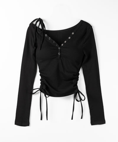 【 ２WAY ／ 裏起毛 】ナナメストラップスナップボタンシャーリングリボントップス ／ naname strap snap button shirring ribbon tops