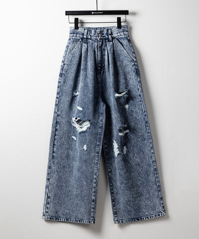 【 デニムセットアップ着用可能 】ヴィンテージケミカルブリーチタックダメージワイドデニム ／ vintage chemical bleach tuck damage wide denim