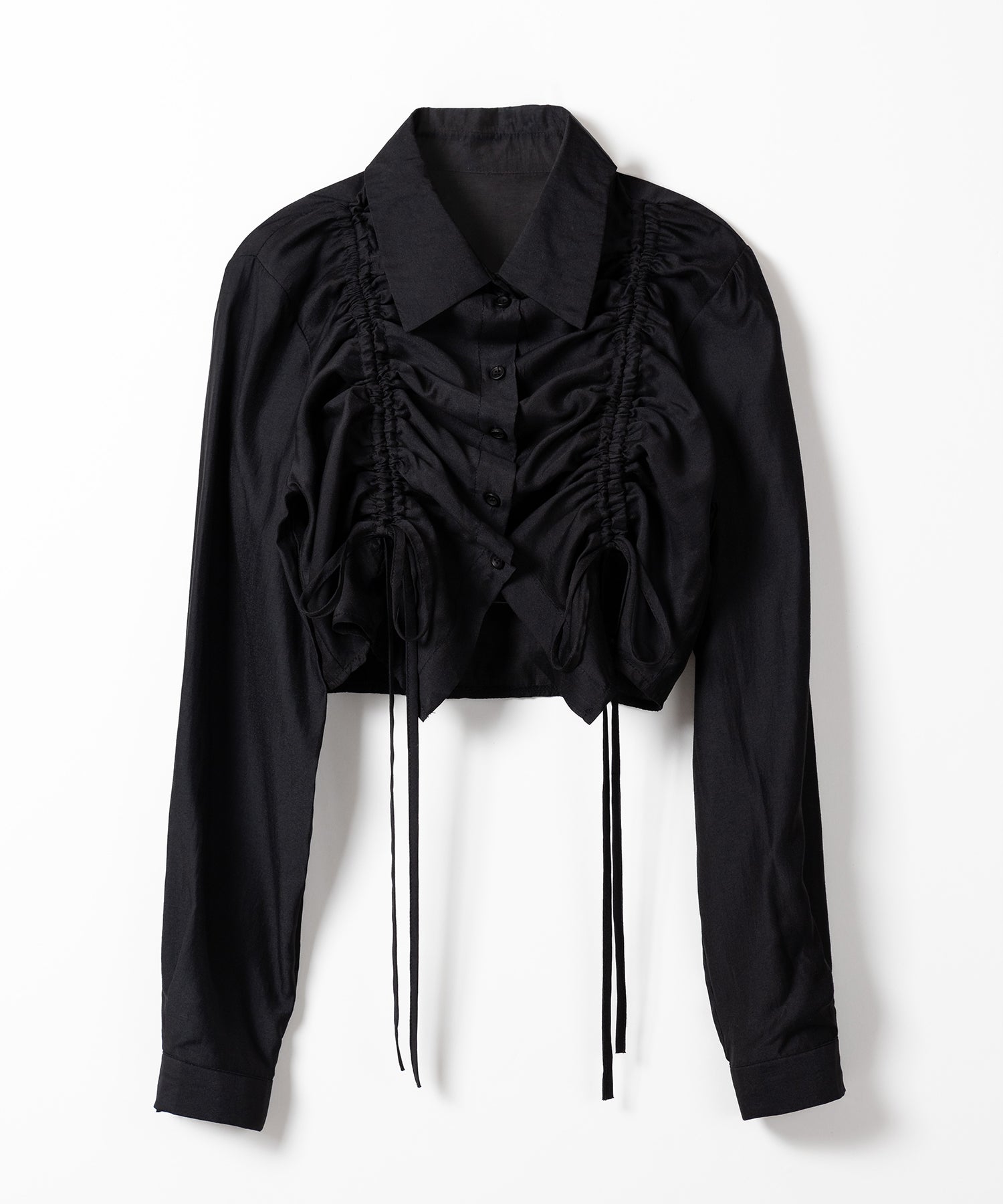 【 ３color 】ダブルリボンシャーリングショートシアーシャツ ／ double shirring ribbon short sheer shirts
