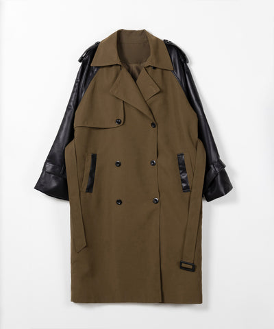 【 ３COLOR 】フェイクレザードッキングロングトレンチコート