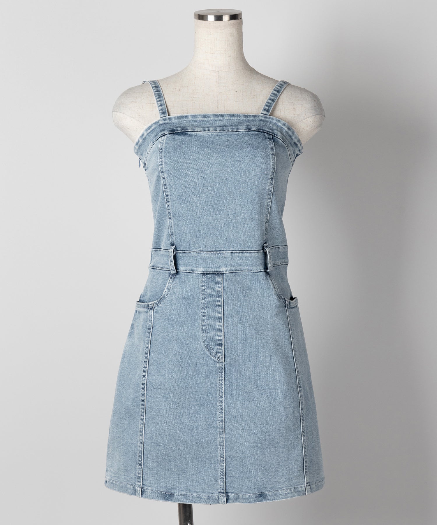 【 ２color 】ウォッシュデニムハイウエストミニキャミワンピース ／ wash denim high waist mini cami onepiece