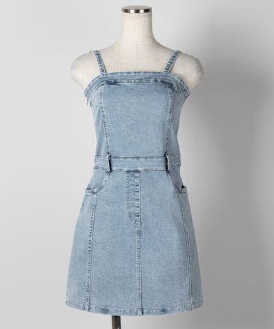 【 ２color 】ウォッシュデニムハイウエストミニキャミワンピース ／ wash denim high waist mini cami onepiece