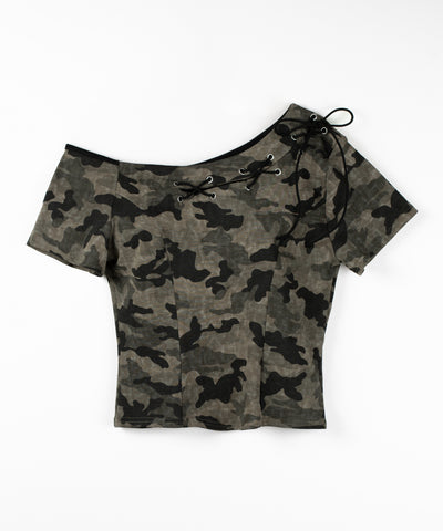 ヴィンテージカモフラカットアウトレースアップワンショルＴシャツ　／ Vintage camouflage cutout laceup one shoulder T-shirt