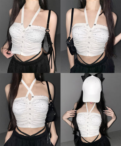 ラインストーンホルターネックスナップギャザーベアトップ ／ Rhinestone halter neck snap gathered bare top