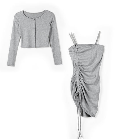 【 ２点セット 】シャーリングサイドリボンミニワンピース ＆ カーディガン SET ／ shirring side ribbon mini onepiece ＆ cardigan SET