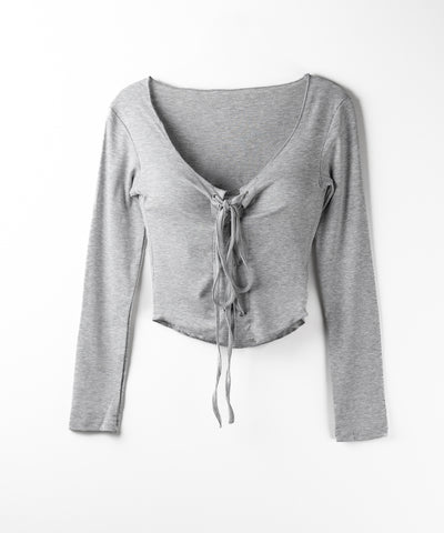 【 ３color 】レースアップフロントリボンショートスリムトップス ／ lace up front ribbon short slim tops