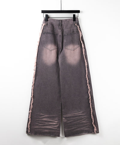 【 ３SIZE 】ヴィンテージピンクウォッシュダメージワイドデニム ／ vintage pink wash damage wide denim