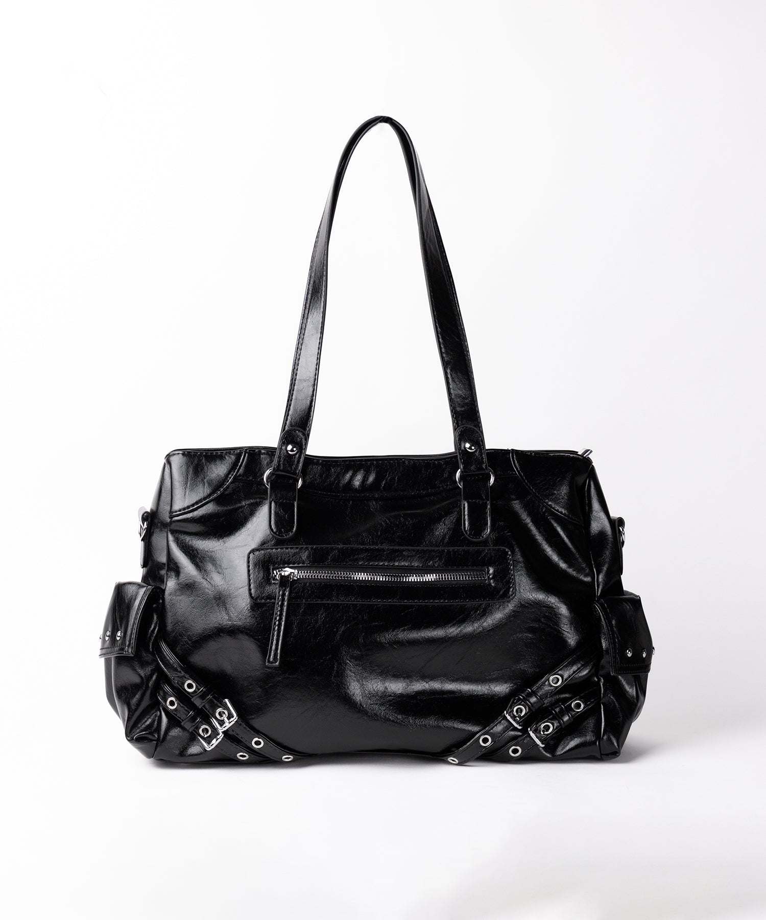 バッグ・カバンその他 Peg Stud Belted Leather Shoulder Bag Unisex STUDS LEATHER SHOULDER BAG | シボ感あるレザーとガマ口で作製