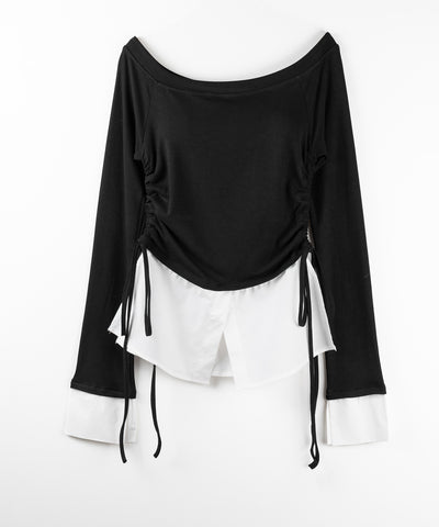 【 ２color ／ ２WAY 】シャツドッキングサイドリボンワンショルトップス ／shirt docking side ribbon oneshoulder tops