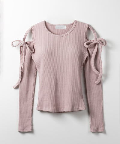 【 ３color 】カットアウトショルダーリボンリブトップス ／ Cut-out shoulder ribbon rib tops