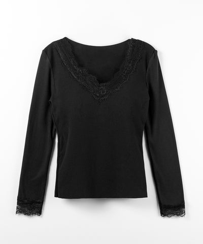 【 微起毛 】レーストリムタイトリブ長袖Ｔシャツ ／ lace trim tight rib long sleeve T-shirt