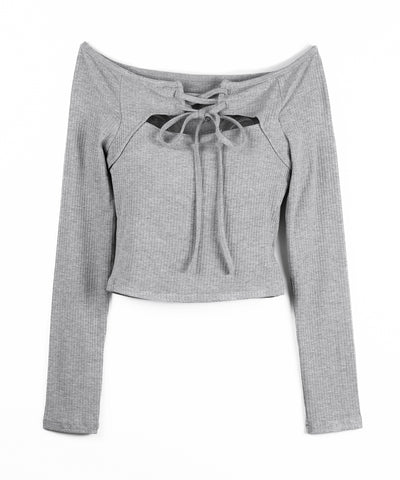 レースアップリボンカットアウトオフショルリブロンT ／ lace up ribbon cutout offshoulder ribbed long T-shirt