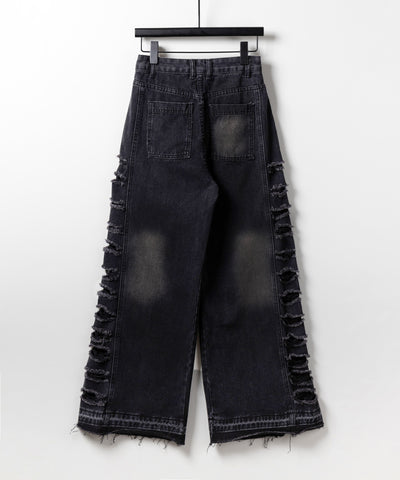 【 ４size 】ヘビークラッシュサイドダメージブラックヴィンテージデニム ／ heavy crush side damage black vintage denim