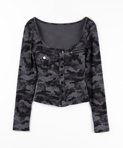 カモフラアウトポケットスクエアネック長袖スリムTシャツ ／ 　camouflage out pocket square neck long sleeve slim T-shirt